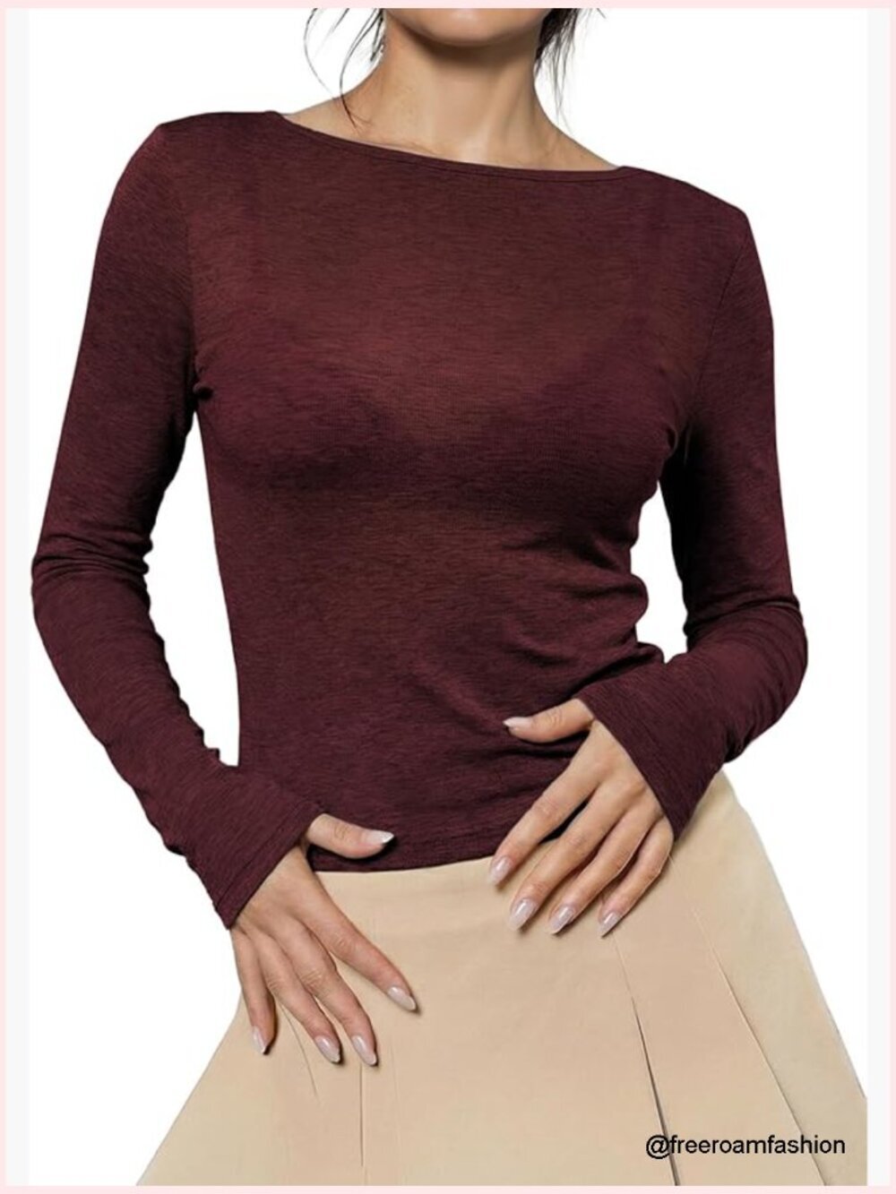 Wool Blend Long Sleeve Sheer Tops Boat Neck Fitted Basic Tees T Shirts
